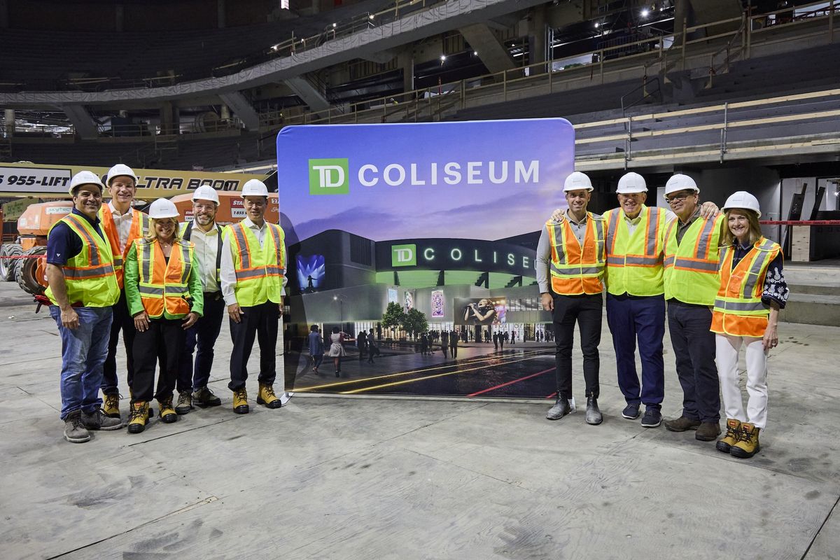Execs from Oak View Group, Live Nation Canada and TD at the future home of TD Coliseum in Hamilton, Ontario on June 25, 2025.