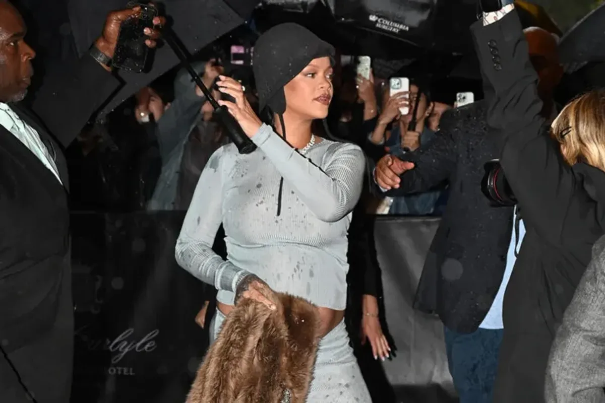 Rihanna at The Carlyle Hotel before the 2025 Met Gala: "Superfine: Tailoring Black Style" held at the Metropolitan Museum of Art on May 5, 2025 in New York, New York.